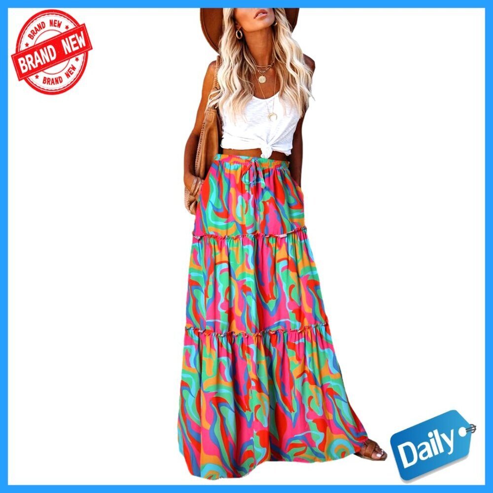 Maxi Skirt with Pockets High Waist Flowy Long Boho Casual Beach Vacation